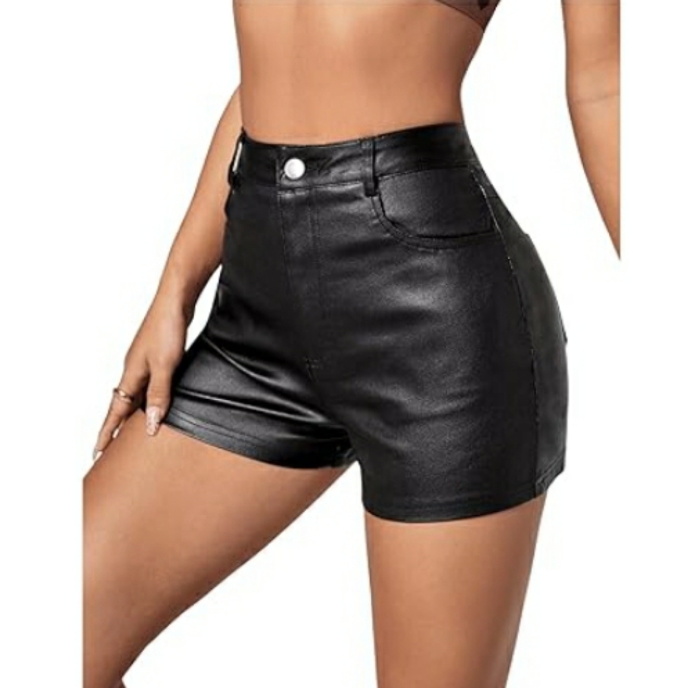 High Waisted Leather Look Stretchy Skinny Denim Black Shorts